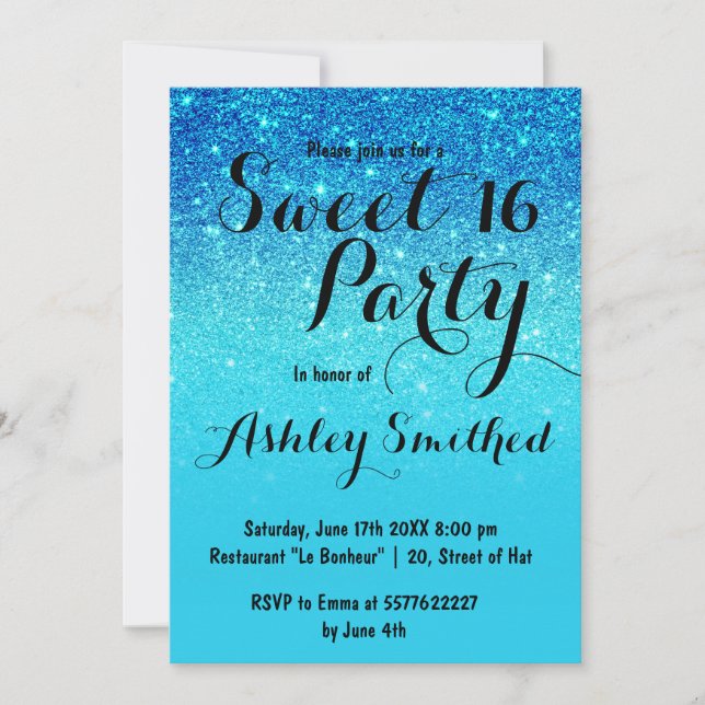 Invitación Purpurina verde azulado del océano azul moderno os (Anverso)
