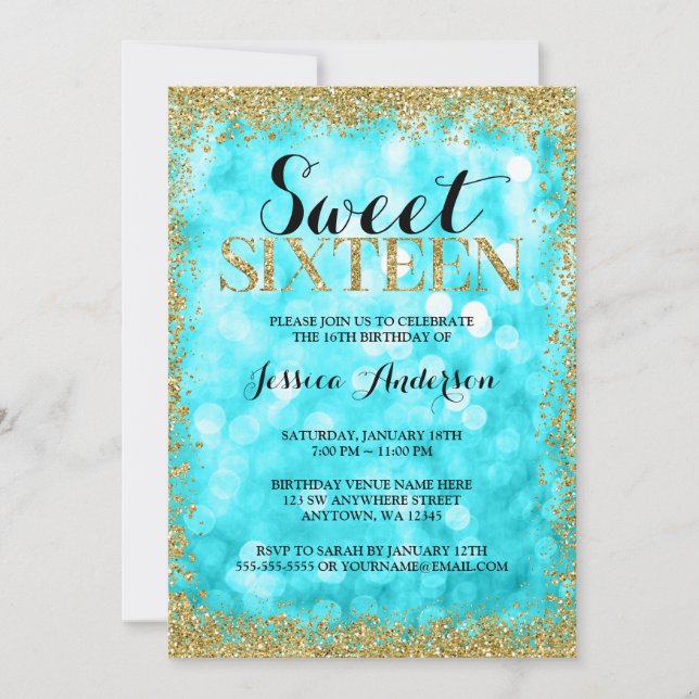 Invitación Purpurina verde azulado Faux Gold Lights Sweet 16  (Anverso)