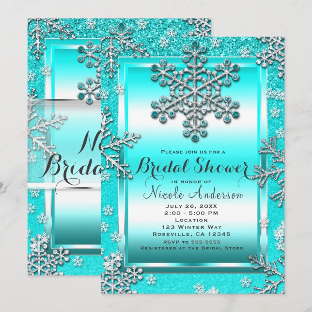 Invitación Purpurina verde azulado Glam Winter Wonderland Sno (Anverso / Reverso)
