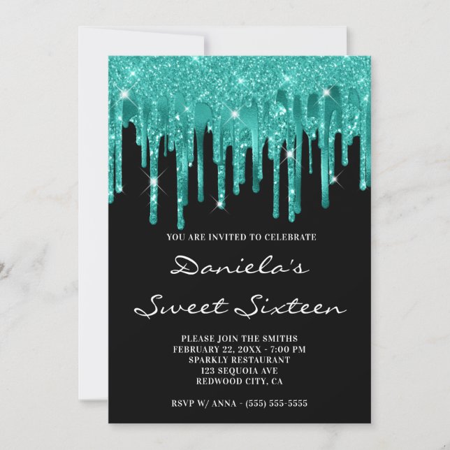Invitación Purpurina Verde azulado ligero goteo Relieve metal (Anverso)