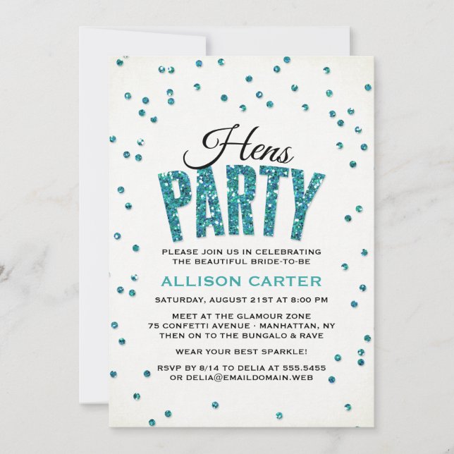 Invitación Purpurina verde azulado Look Confetti Hens Fiesta (Anverso)