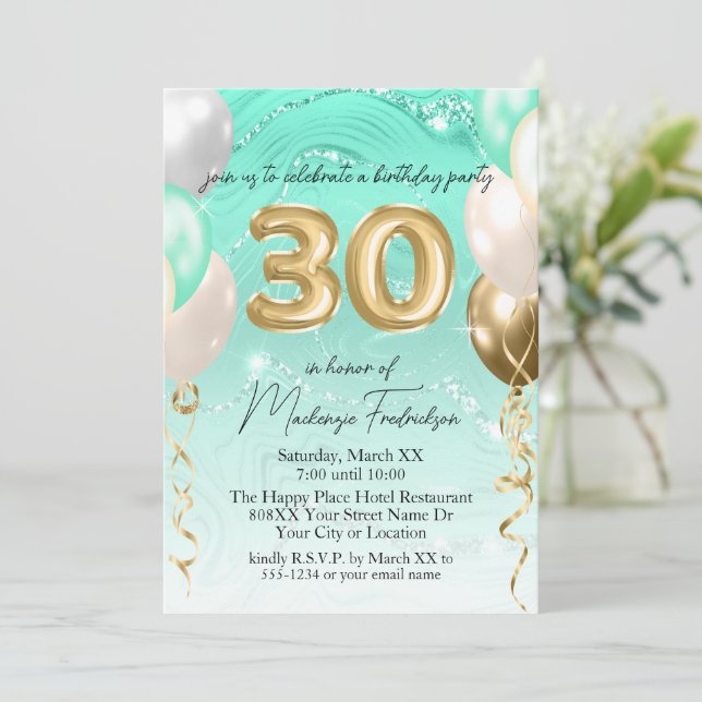 Invitación Purpurina verde azulado Mármol y globos de oro 30  (Anverso de pie)