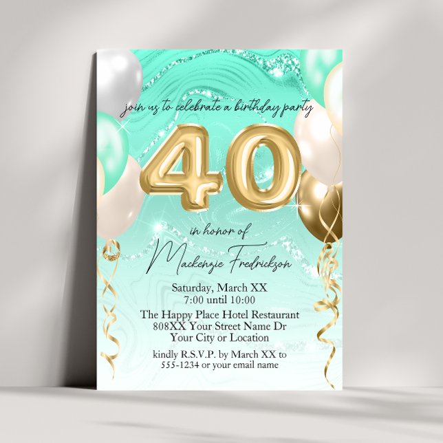 Invitación Purpurina verde azulado Mármol y globos de oro 40  (Subido por el creador)