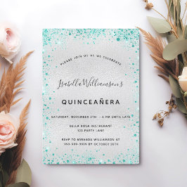 Invitación Purpurina verde azulado plateado Quinceanera