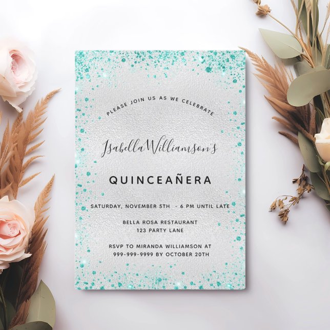 Invitación Purpurina verde azulado plateado Quinceanera (Subido por el creador)