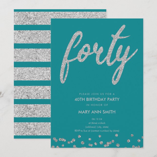 Invitación Purpurina Verde azulado plateado Tipo 40 Fiesta de (Anverso / Reverso)