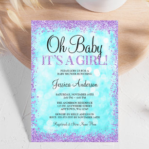 Invitación Purpurina verde azulado Purple Faux Luces Chica Ba