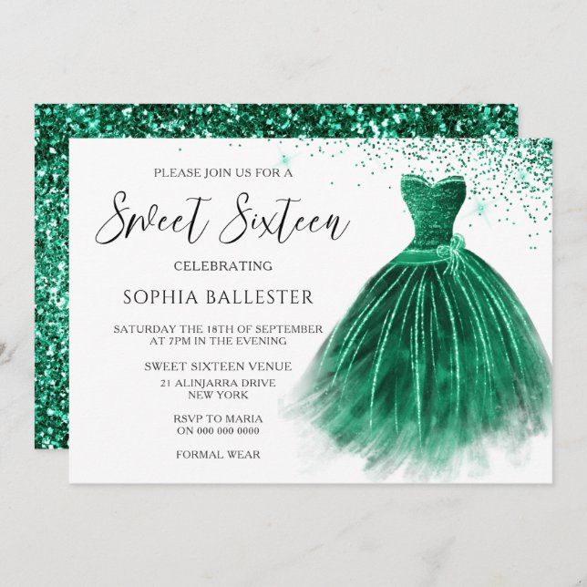 Invitación Purpurina Verde azulado verde esmeralda vestido du (Anverso / Reverso)