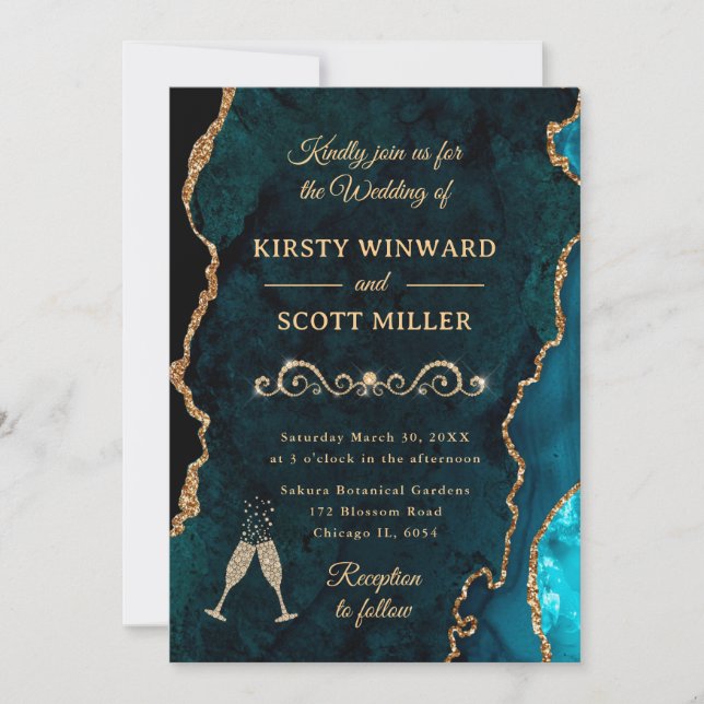 Invitación Purpurina verde azulado y  de oro Agate y Boda de  (Anverso)
