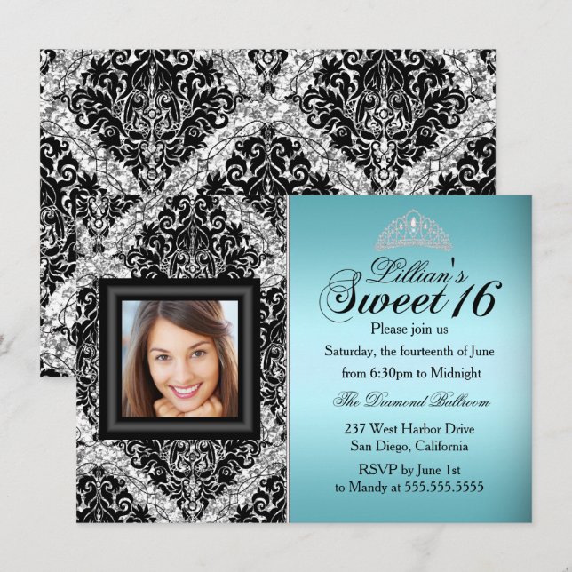 Invitación Purpurina verde azulado y negro Damask Photo Sweet (Anverso / Reverso)