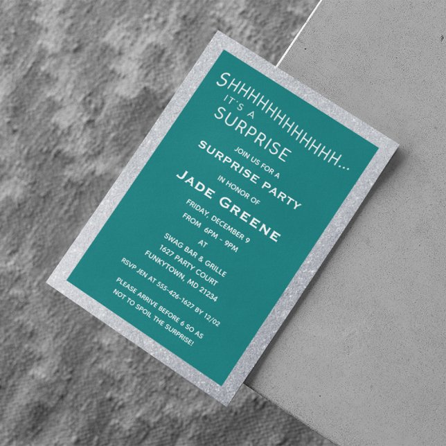 Invitación Purpurina verde azulado y plateado Fiesta sorpresa (Subido por el creador)