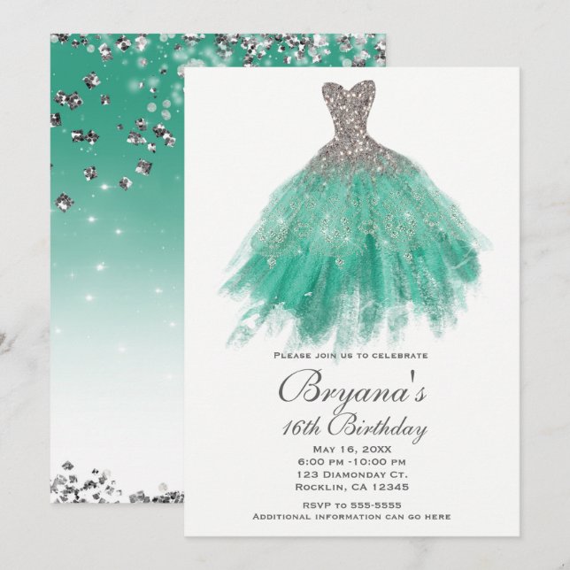 Invitación Purpurina verde azulado y plateado Vestido de glam (Anverso / Reverso)