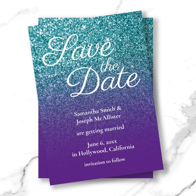 Invitación Purpurina verde azulado y púrpura Ombre Guardar la (Teal and Purple Ombre Glitter Save the Date Invitation)