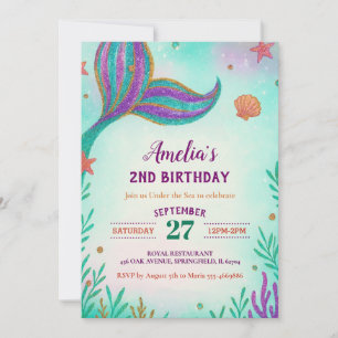 Invitación Purpurina verde bajo la sirena marina cumpleaños