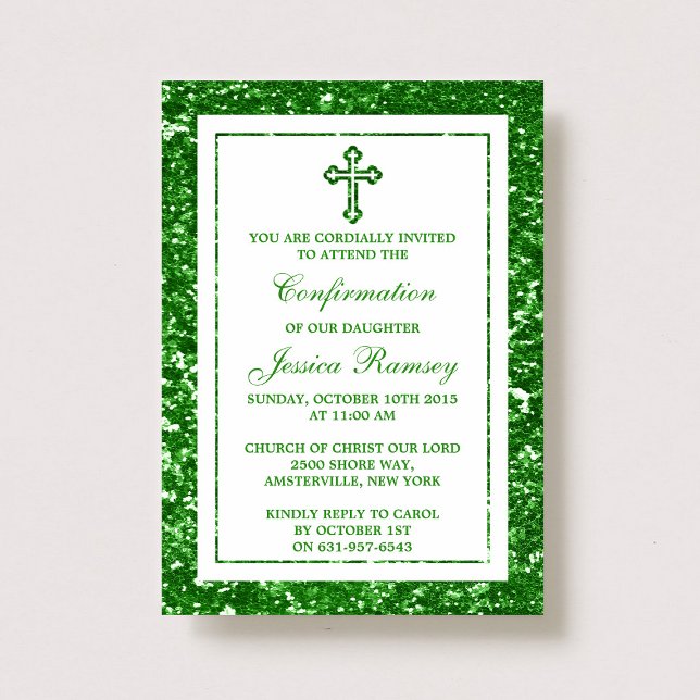 Invitación Purpurina Verde Cruz Santa Comunión / Confirmación (Subido por el creador)