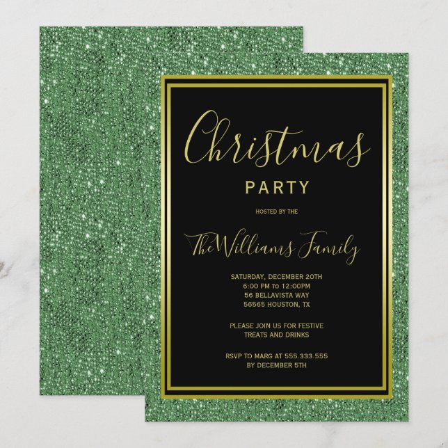 Invitación Purpurina verde elegante, Fiesta de Navidades con  (Anverso / Reverso)