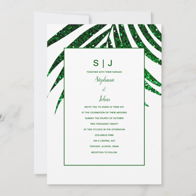 Invitación Purpurina verde esmeralda Boda tropical de hojas d (Anverso)