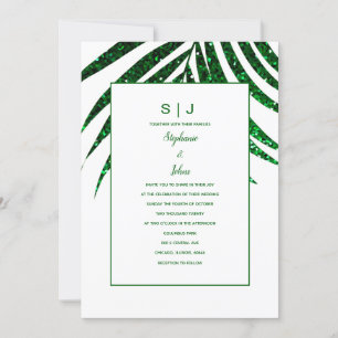 Invitación Purpurina verde esmeralda Boda tropical de hojas d