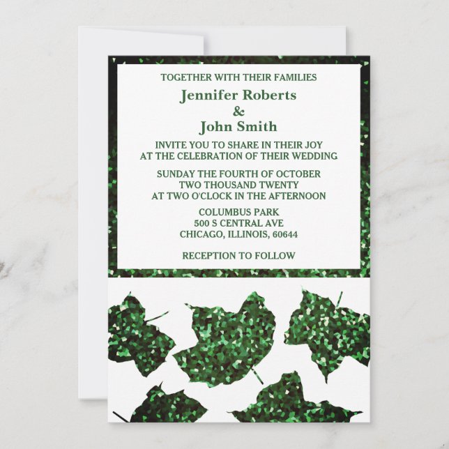 Invitación Purpurina verde esmeralda caída deja elegante boda (Anverso)