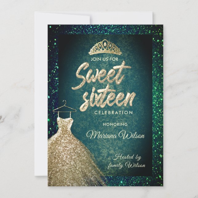 Invitación Purpurina verde esmeralda vestido de oro tiara Swe (Anverso)