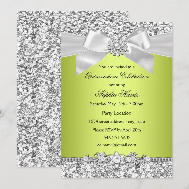 Invitación Purpurina verde Jewel Bow Quinceanera (Anverso / Reverso)