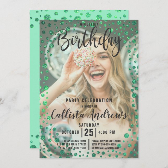 Invitación Purpurina Verde Mermaid Foto de Confetti Cumpleaño (Anverso / Reverso)
