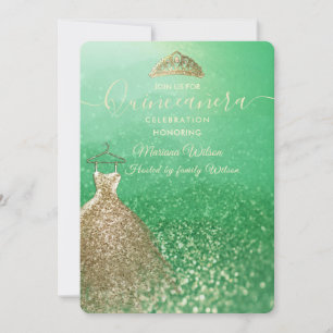 Invitación Purpurina verde moda vestido de oro tiara Quinceañ