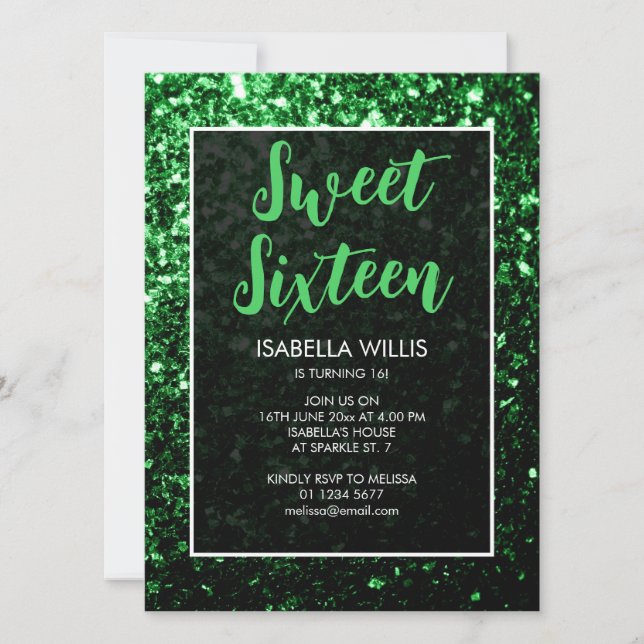 Invitación Purpurina verde oscuro destello dulce Sweet 16 gui (Anverso)