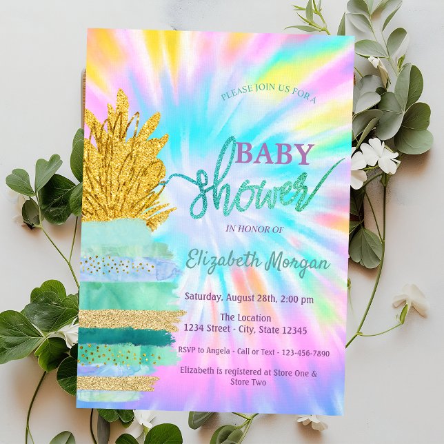 Invitación Purpurina Verde Pineapple Tie Dye Baby Shower (Subido por el creador)