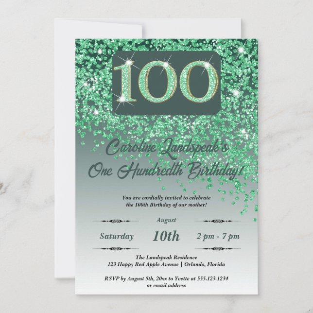 Invitación Purpurina Verde que cae 100 cumpleaños (Anverso)
