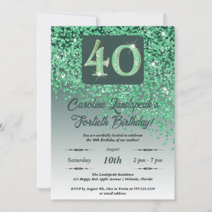 Invitación Purpurina Verde que cae 40 Fiesta de cumpleaños