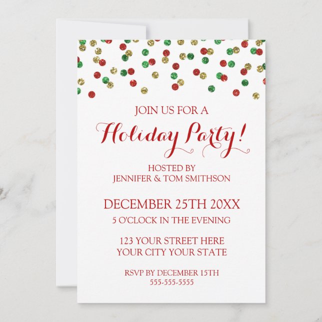 Invitación Purpurina Verde Rojo Dorado Navidades Confetti Fie (Reverso)