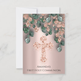 Invitación Purpurina Verde Rosa Primera Cruz de la Santa Comu