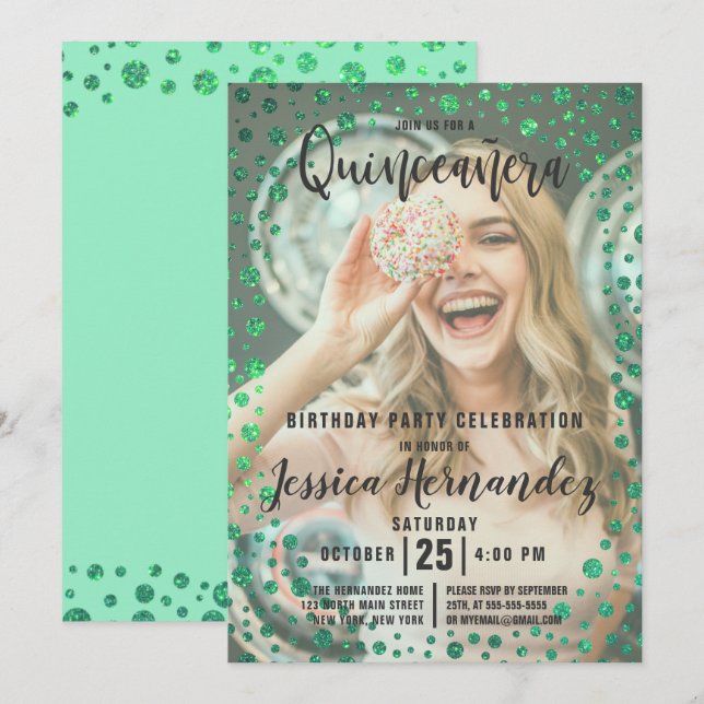 Invitación Purpurina Verde Sirena Confetti Foto Quinceañera (Anverso / Reverso)