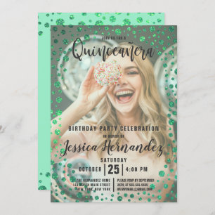 Invitación Purpurina Verde Sirena Confetti Foto Quinceañera