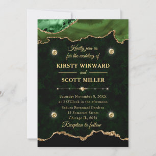 Invitación Purpurina verde y oro Boda de mármol agate