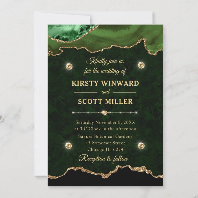 Invitación Purpurina verde y oro Boda de mármol agate (Anverso)