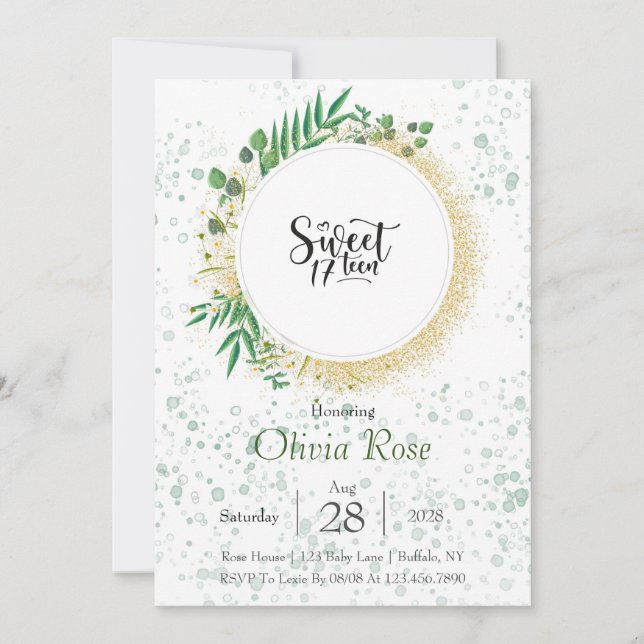 Invitación Purpurina Verde y Oro Dulce Fiesta de Cumpleaños 1 (Anverso)
