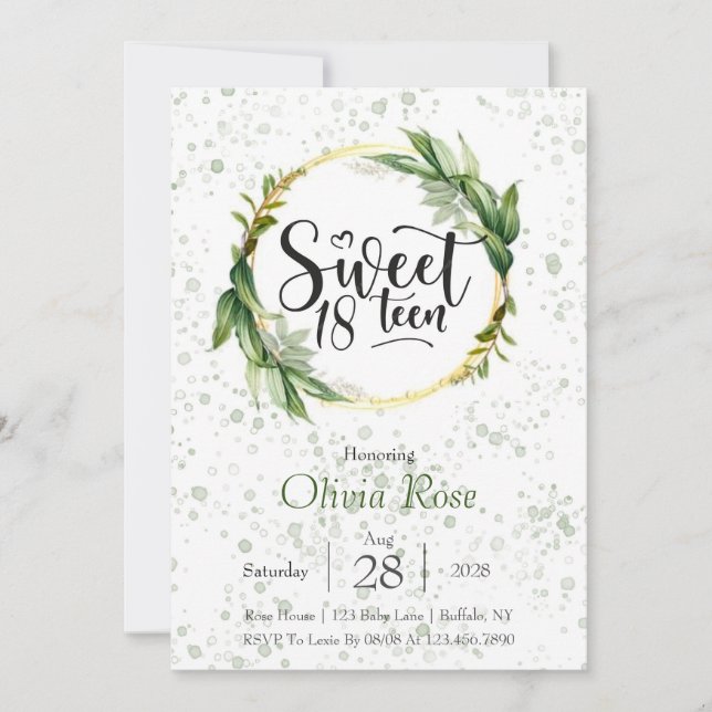 Invitación Purpurina Verde y Oro Dulce Fiesta de Cumpleaños 1 (Anverso)