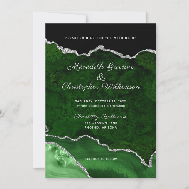 Invitación Purpurina verde y plateado Agate Geode Boda (Anverso)