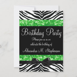 Invitación Purpurina verde Zebra Bow Personalizado Chica cump
