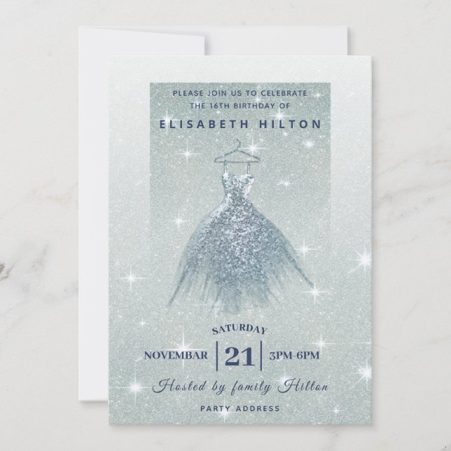 Invitación Purpurina vestido azul polvoriento oscuro dulce di (Anverso)