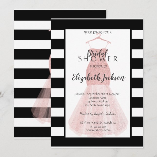 Invitación Purpurina Vestido Black White Stripes Bridal Showe (Anverso / Reverso)