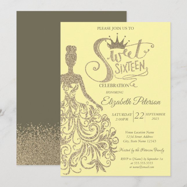 Invitación Purpurina Vestido Chica Tiara, Diamantes de Oro du (Anverso / Reverso)