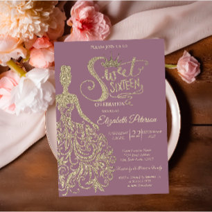 Invitación Purpurina Vestido Chica Tiara, Diamantes Dulce 16