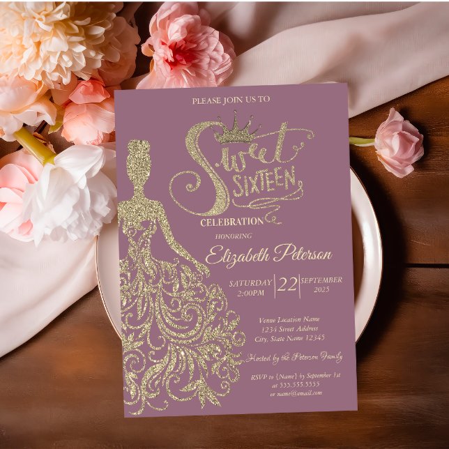Invitación Purpurina Vestido Chica Tiara, Diamantes Dulce 16 (Subido por el creador)