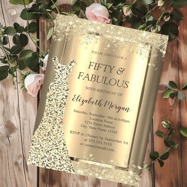 Invitación Purpurina Vestido de oro Confetti 50 cumpleaños (Subido por el creador)