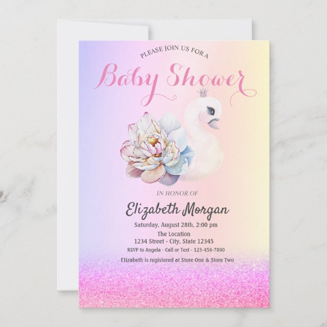 Invitación Purpurina Violet Bokeh, Baby Shower de Flor Swan (Anverso)