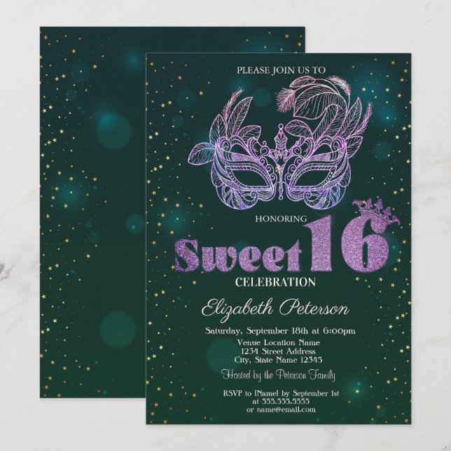 Invitación Purpurina Violet Masque Green Sweet 16 (Anverso / Reverso)