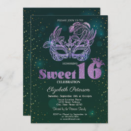 Invitación Purpurina Violet Masque Green Sweet 16